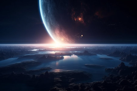 View of an alien planet in space during a sunrise 3D renderingの素材