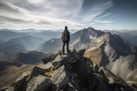 Man standing on top of a mountain and looking at the valley.の素材
