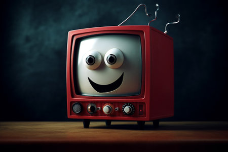 Smiling TV with smiley face on wooden table over dark backgroundの素材