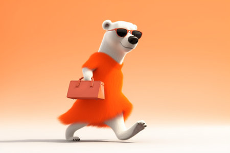 Cartoon bear with a briefcase on the orange background. 3d illustrationの素材