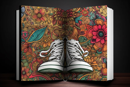 Hand drawn sketch of sneaker on open book. Vector illustration.の素材