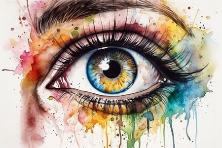 Beautiful woman eye with colorful watercolor splash on white background.の素材