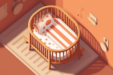 3d rendering of a baby bed in an orange room isometric viewの素材