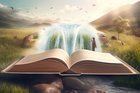 Girl reading a book in the meadow with a waterfall in the backgroundの素材
