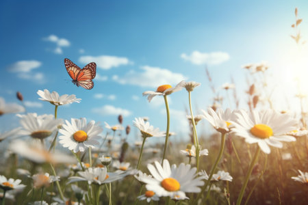 Beautiful daisy flowers with butterfly on sky background. Nature backgroundの素材