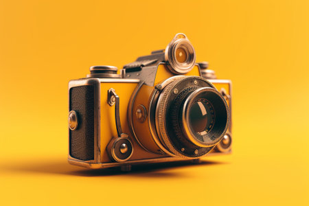 Vintage camera on a yellow background. Photo in old color image style.の素材