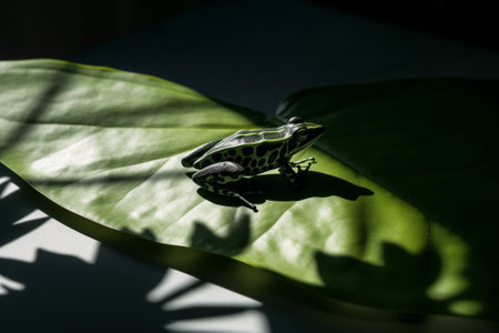 Frog on a leaf in the shade of the morning sun.の素材
