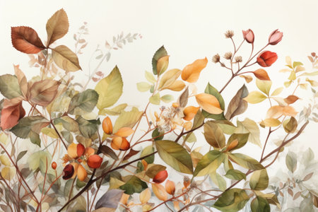 Vintage floral background with leaves and berries in pastel colors.の素材