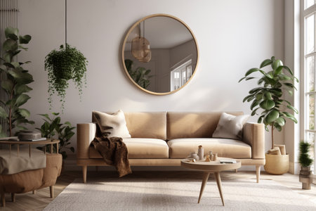 Interior of modern living room with brown sofa, round mirror and plants. 3d renderの素材