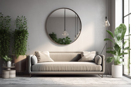 Modern interior with round mirror, sofa and plants. 3d renderの素材