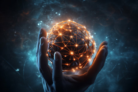 Close up of human hand holding global network sphere. 3D renderingの素材