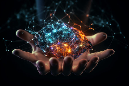 View of a Man holding a 3d rendering network sphere with connection linesの素材