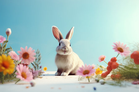 Easter bunny and flowers on blue sky background. Easter holiday concept.の素材