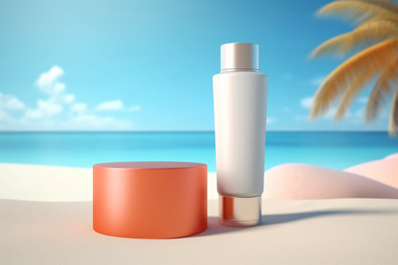 cosmetic cream bottle on the beach. 3d render illustration.の素材