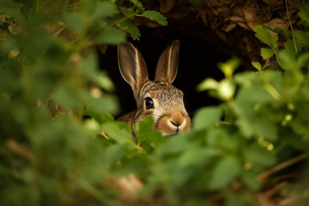 Rabbit in a hole in the forest. Animal in nature.の素材