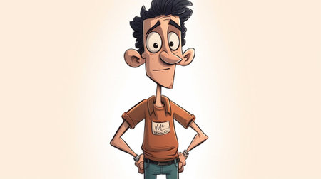 Vector illustration of a funny cartoon man in brown shirt and jeans.の素材