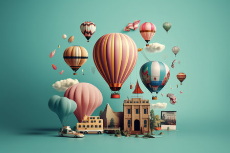 Hot air balloons flying around the city. Travel concept. 3d renderingの素材