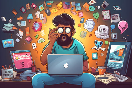 Vector illustration of a man with a laptop in his hands. Vector illustrationの素材
