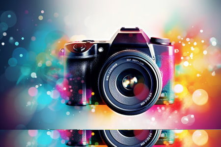 Retro camera on colorful bokeh background. Photo collageの素材