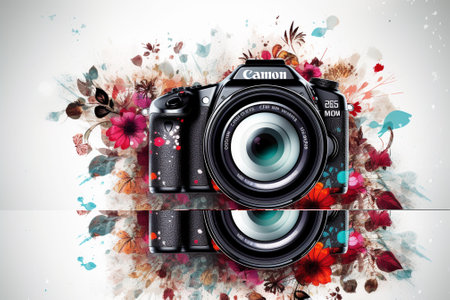 Digital composite of Camera with floral and watercolor splashes against white backgroundの素材