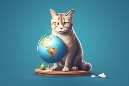 Cat sitting on a wooden stand and holding a globe. Blue background.の素材