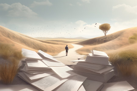 Businessman walking in the desert with piles of books. Mixed mediaの素材