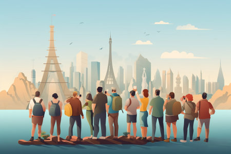 Tourists in Paris on the background of the Eiffel tower. Vector illustrationの素材