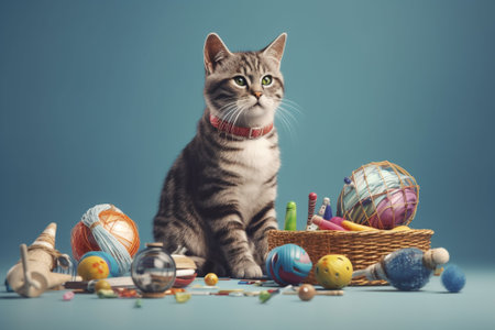 Cute tabby cat with easter eggs and basket on blue backgroundの素材