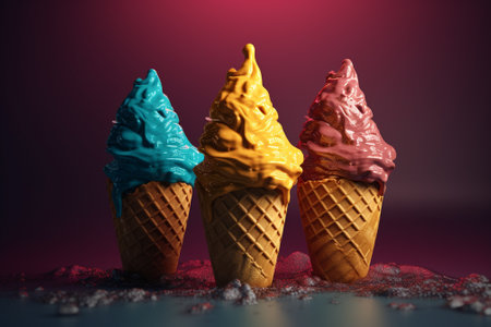 Three ice cream cones with blue, pink and yellow colors on dark backgroundの素材