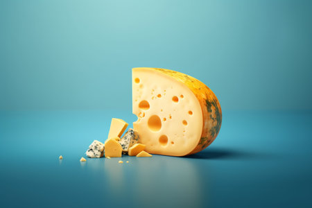 Piece of cheese with holes on blue background. 3d illustrationの素材