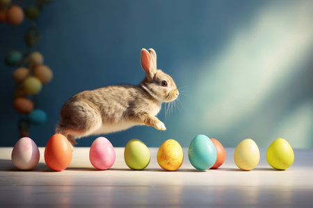 Easter bunny and colorful eggs on blue background. Happy Easter conceptの素材