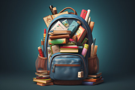 Back to school concept. Backpack full of books, pencils and other school supplies.の素材