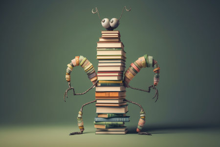 Funny robot stands on a stack of books. 3d renderingの素材