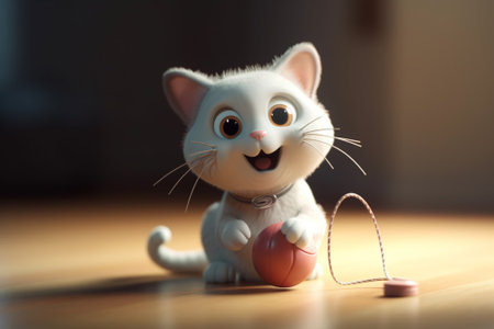 Cute cat with easter egg on wooden floor, closeupの素材