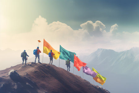 Hikers with colorful flags on the top of the mountain. 3D Renderingの素材
