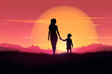 Silhouette of mother and daughter holding hands on sunset background.の素材