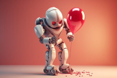 3D Render of a Robot holding a red heart shaped balloon.の素材