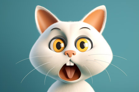 Funny white cat with big eyes on blue background. 3d illustrationの素材