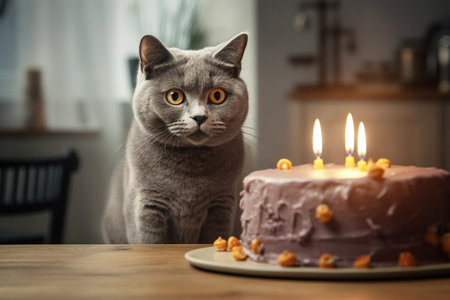 Cute cat with birthday cake on table at home, closeupの素材