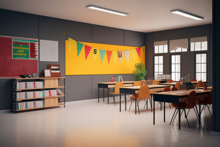 Interior of modern school classroom with gray walls, concrete floor, rows of orange chairs and bookcases. 3d renderingの素材