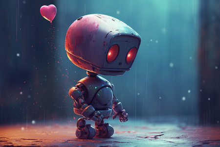 3D rendering of a robot holding a red heart in the rainの素材