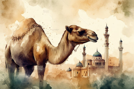 Camel in front of the mosque. Digital watercolor painting.の素材