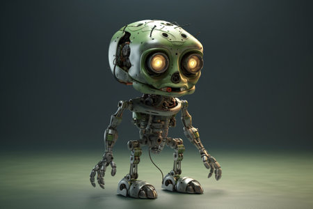 3D rendering of a green robot with green eyes on a dark backgroundの素材