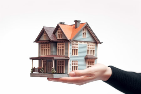 House model in woman hand on white background. Real estate concept.の素材