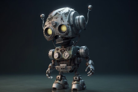 3D rendering of a robot wearing a gas mask on a dark backgroundの素材