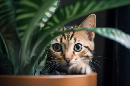 Cute bengal kitten playing in a pot with green plantの素材