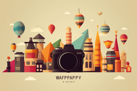 Traveling around the world with a camera. Vector flat illustration.の素材