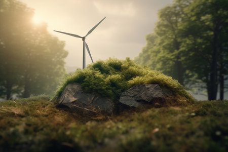 Wind turbine in the forest. Renewable energy concept. 3D Renderingの素材