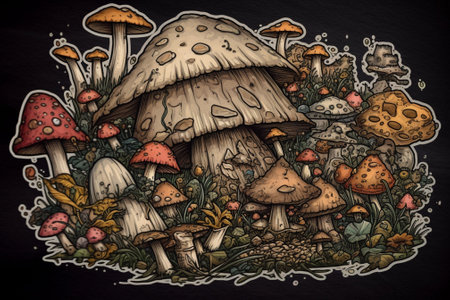 Hand drawn illustration of mushrooms. Doodle, sketch. Colorful backgroundの素材