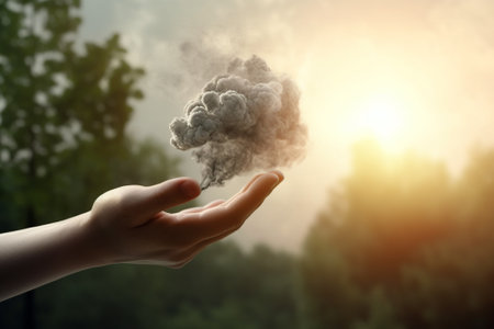 Conceptual image with cloud of smoke in human hand against nature backgroundの素材